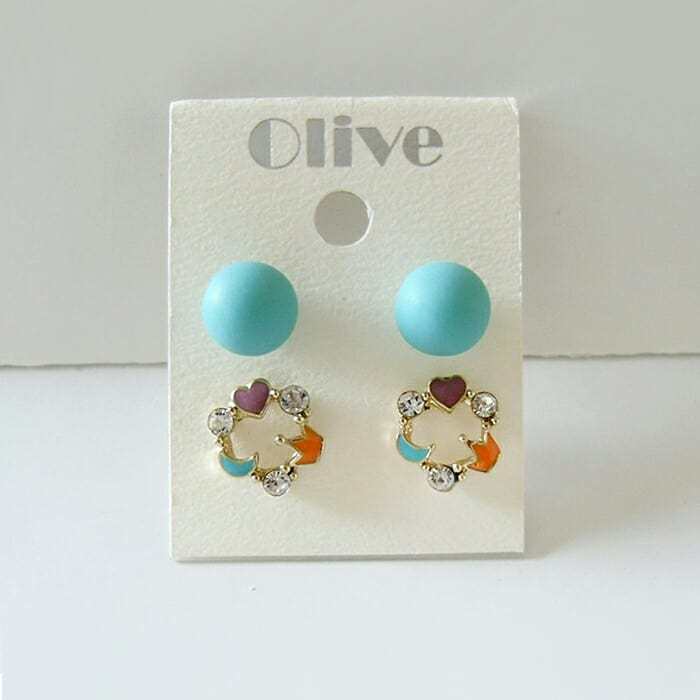 하트 달 왕관 & 블루볼 세트 귀걸이 / 패션 이어링