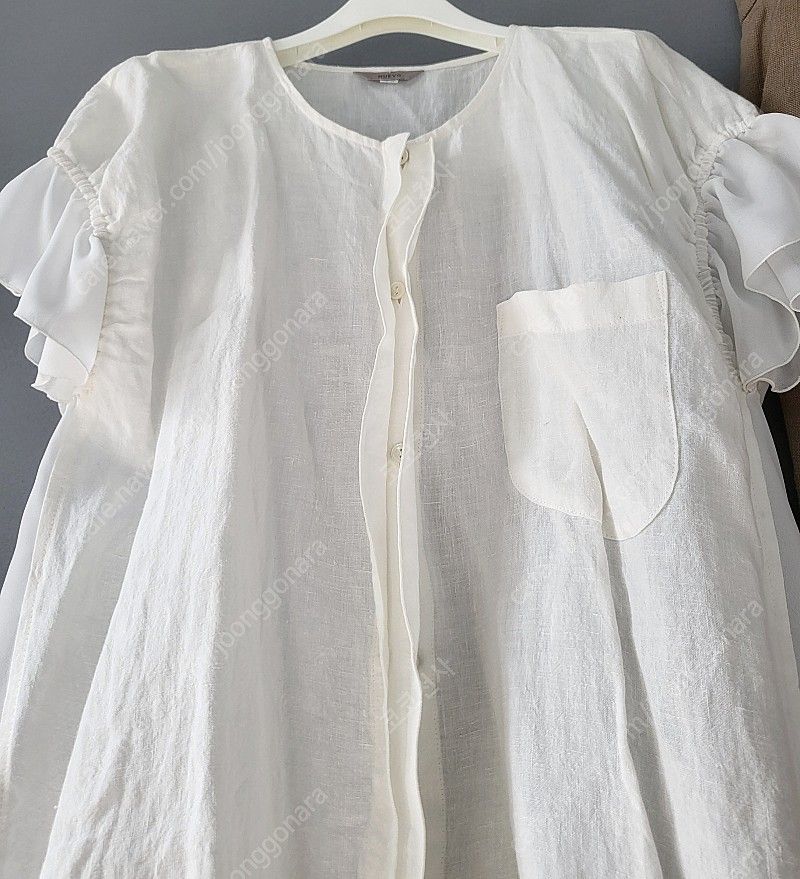 NUEVO 누보 마100 린넨 쉬폰배색 러플소매 반팔 블라우스 여름 셔츠