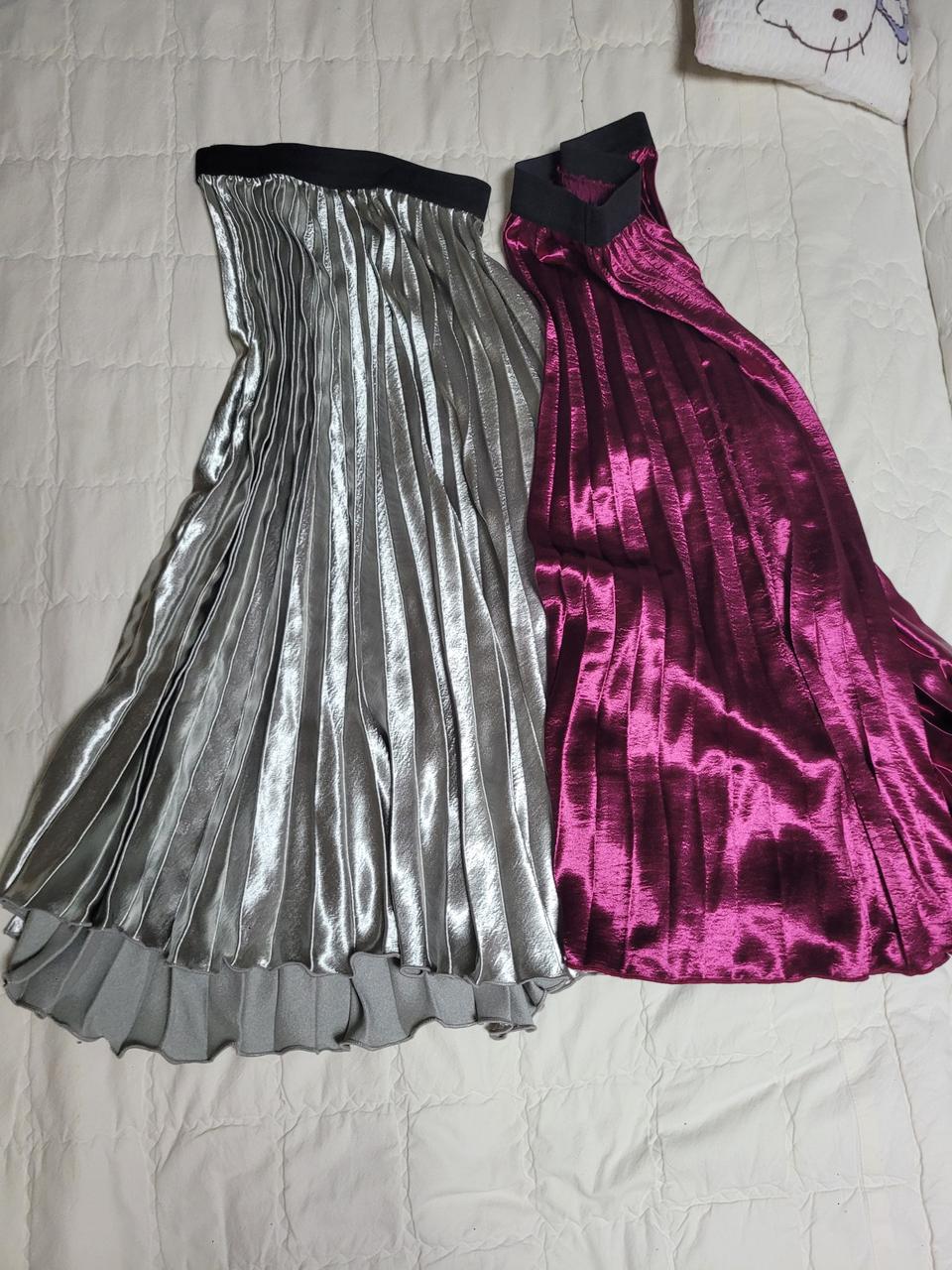 광택 주름 플리츠 롱스커트