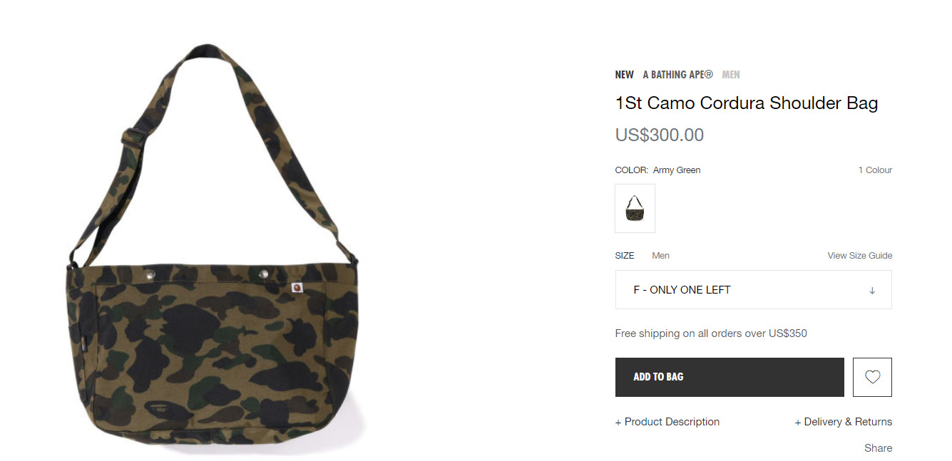 (새상품)베이프 1st 카모 코듀라 백