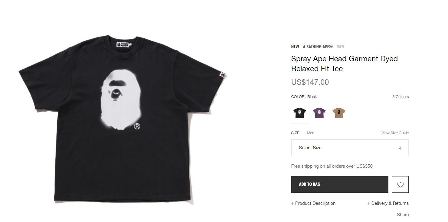 (새상품) 베이프 스프레이 에이프 헤드 가먼트 티