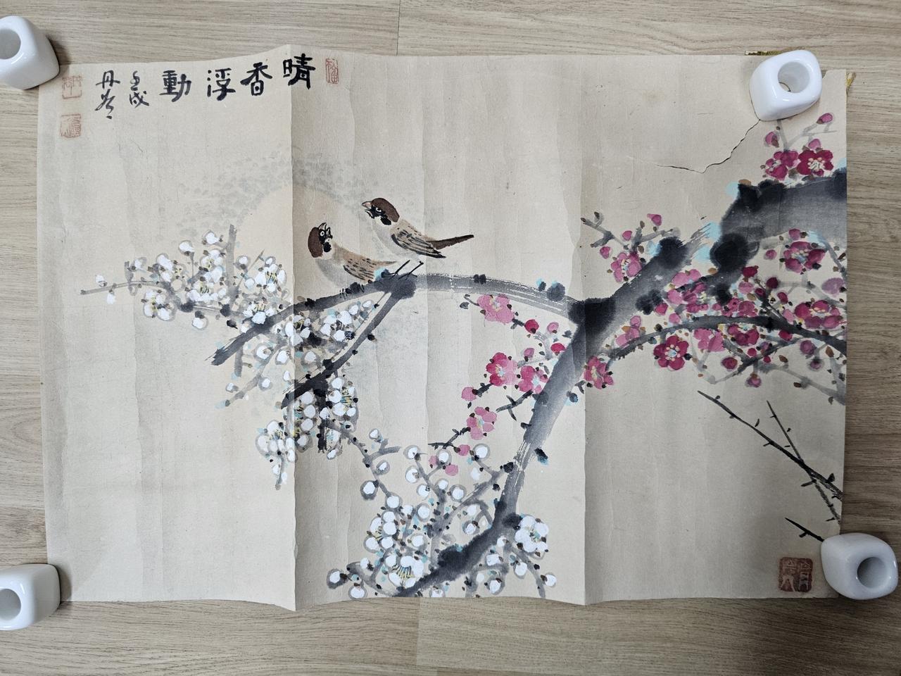 오래된동양화 화조도 낙질그림 58x39cm