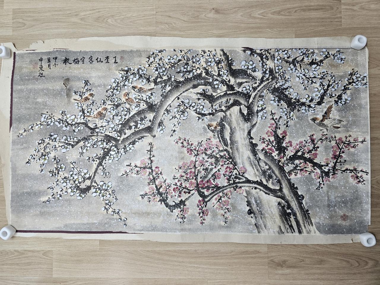 오래된동양화 설경 화조도 낙질그림 123x63cm