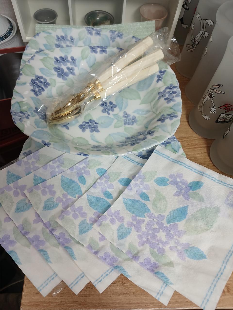 일본 긴사각 수국 접시 5개와와 수저 세트