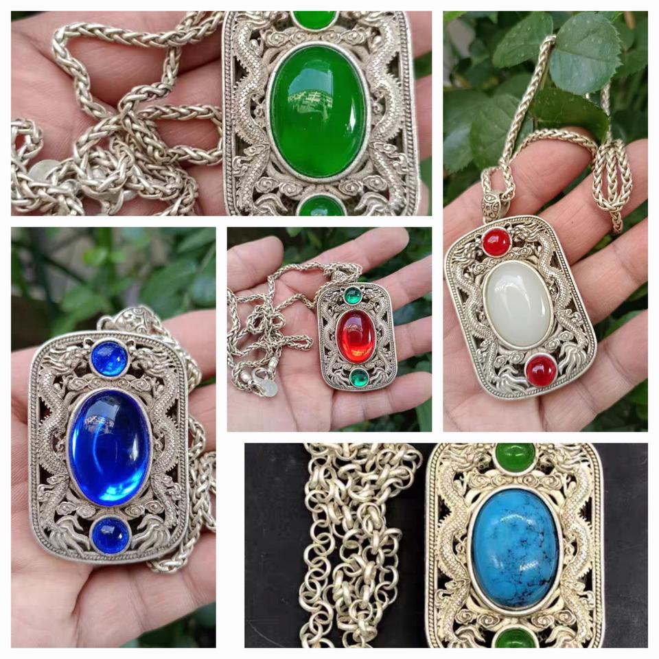 옛날 순은 비취 보석 터키석 목걸이