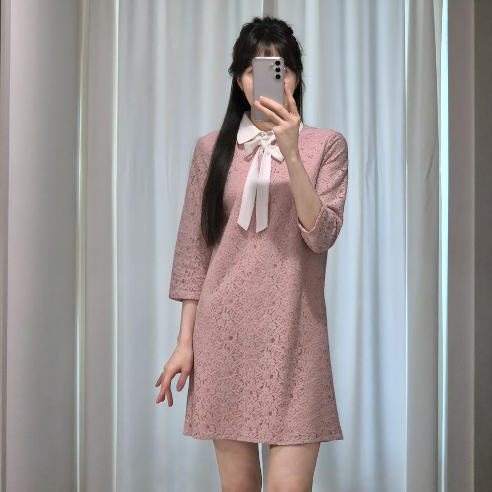 [미사용 새제품] SPAO 스파오 베이비 핑크 플라워 레이스 카라 원피스