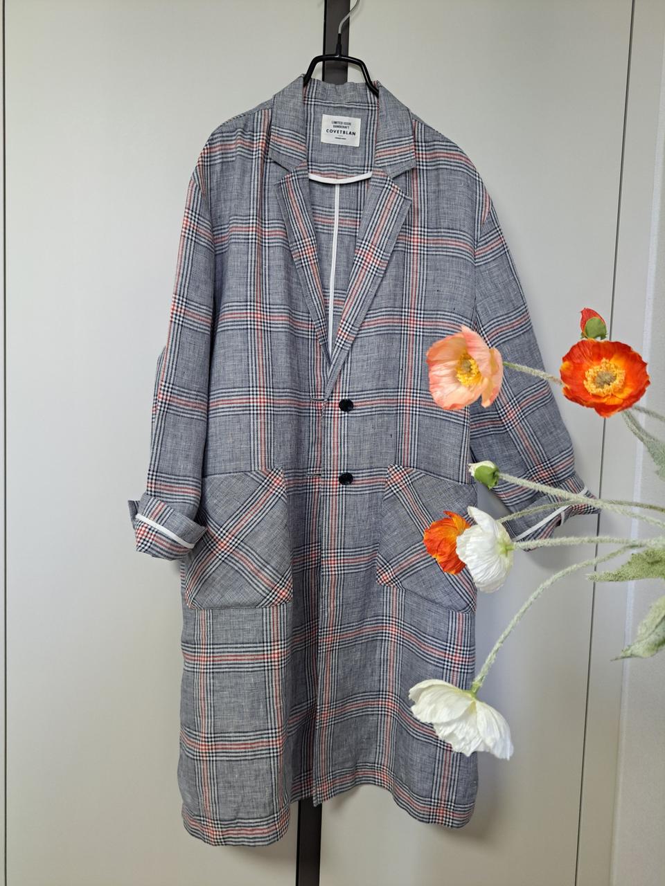 연그레이 체크 마 린넨100% 카라 박시핏 안시접 깔끔 여름 코트