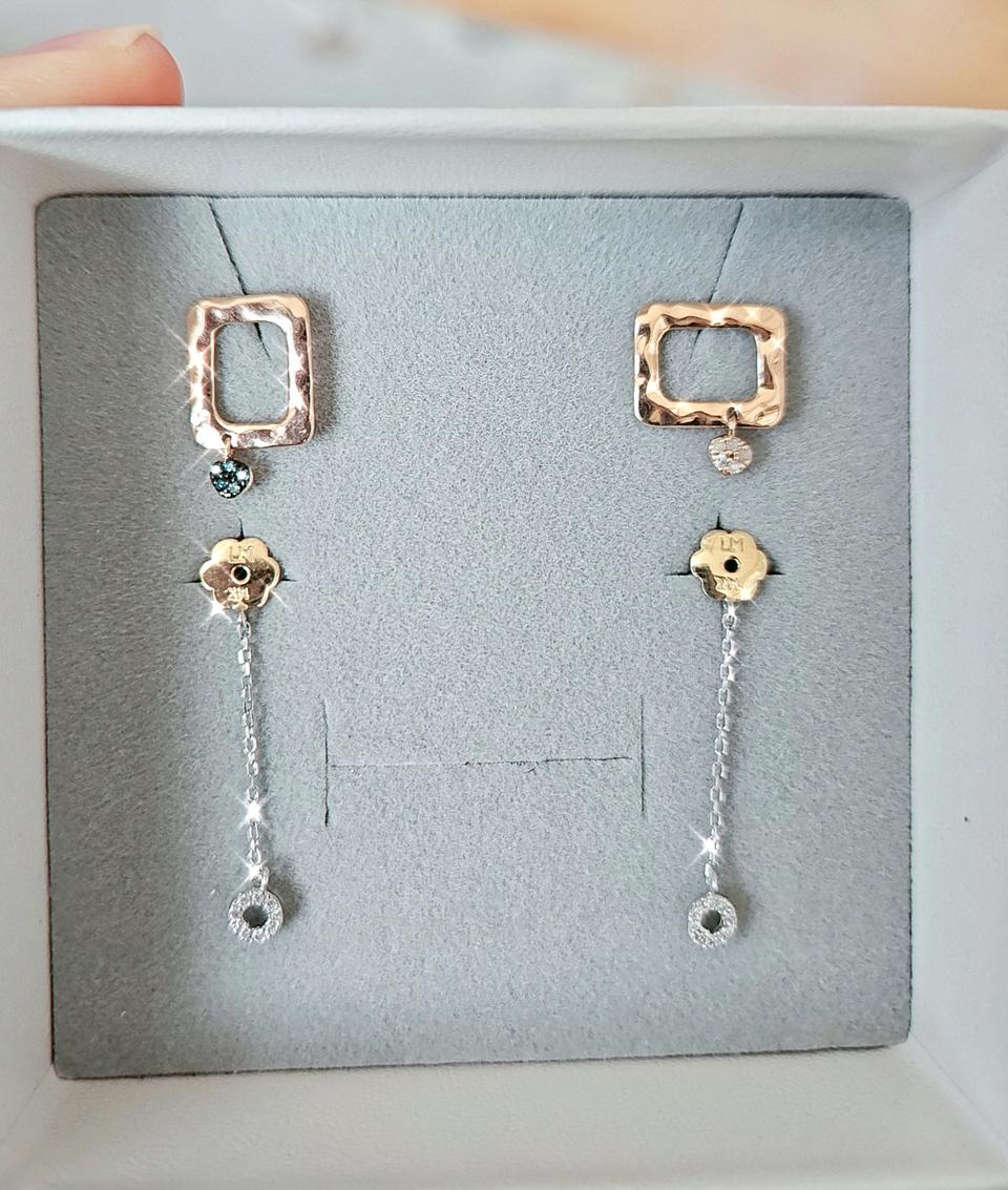 14k 다이아몬드 언발 콤비 입체귀걸이