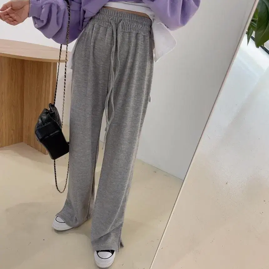 새상품 하이웨스트 밴딩 트임 와이드 니트 롱 팬츠