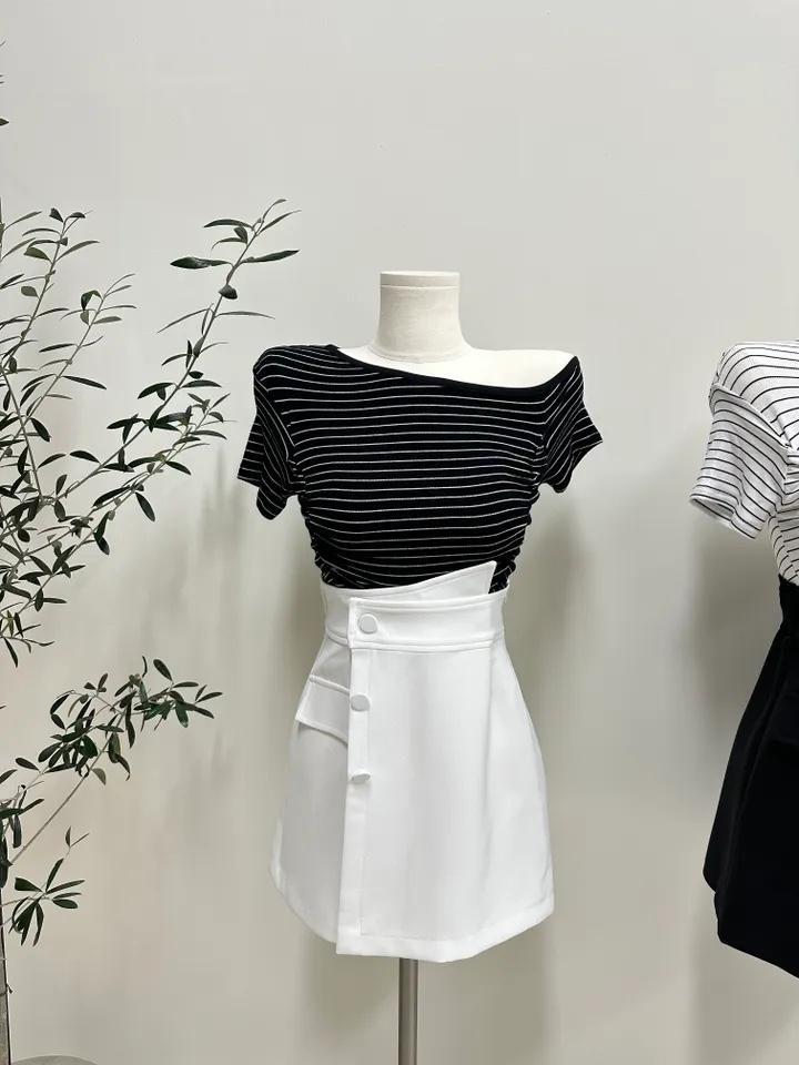 새상품 단가라 언발 원숄더 오프숄더 셔링 크롭 반팔 티셔츠