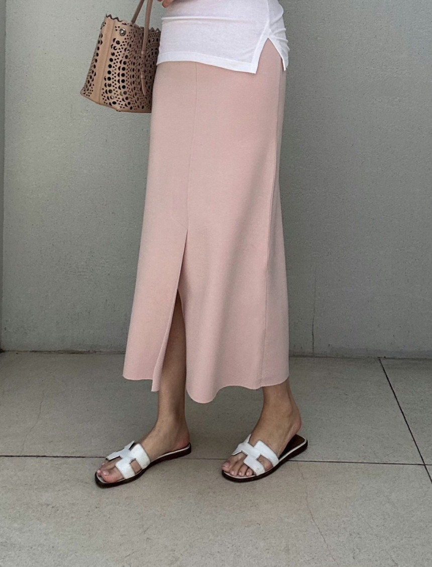 앞트임 레이온 밴딩 스판 미디 스커트 (2color)