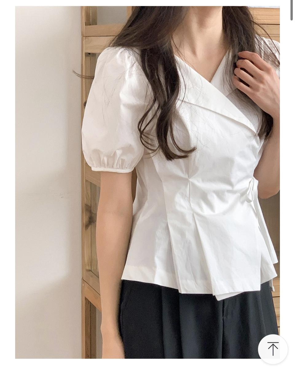 리본 랩 카라넥 셔링 핀턱 퍼프 블라우스