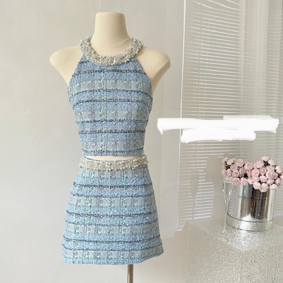 새상품 투피스 미니스커트 홀터넥 나시 트위드 상하 세트 진주