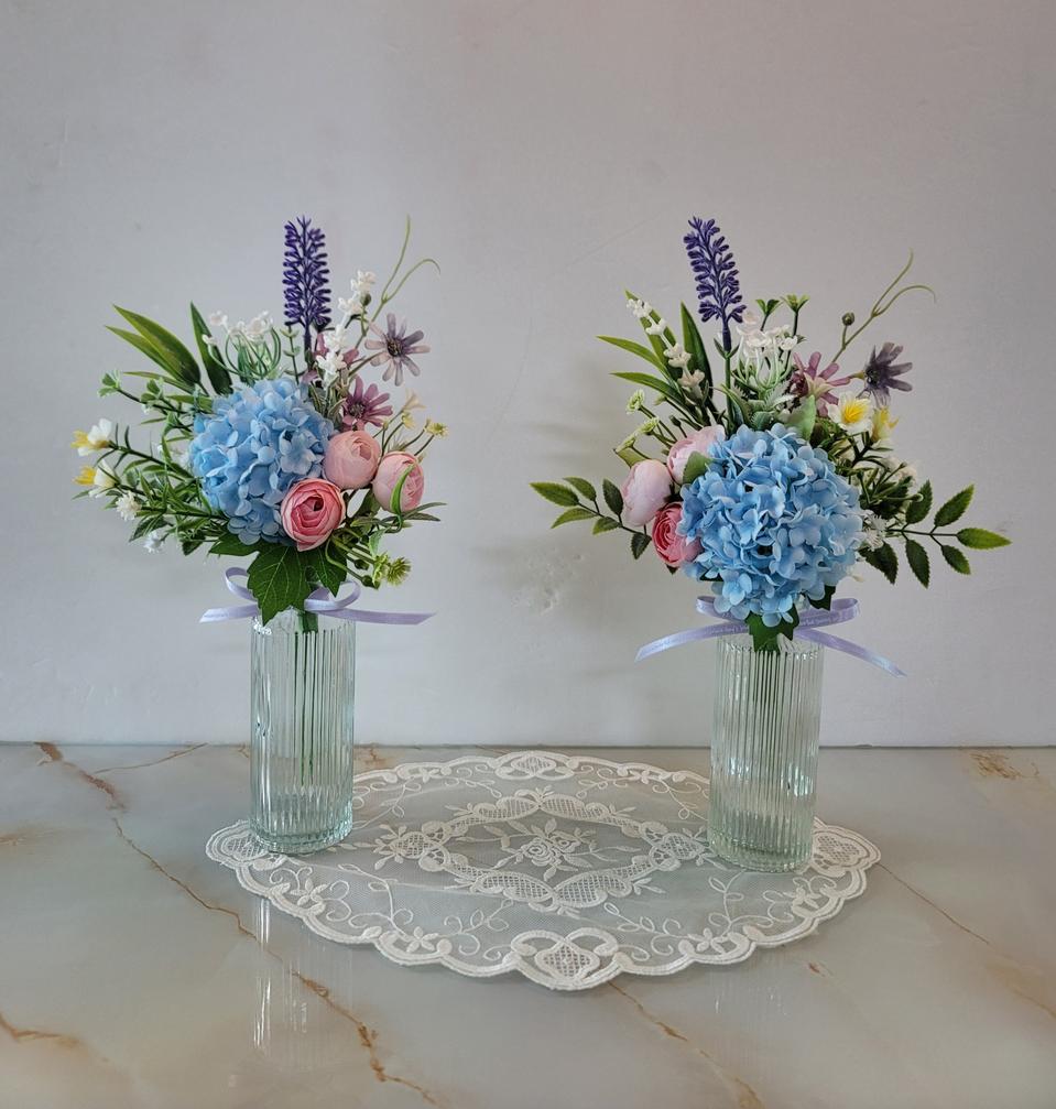 (새상품)고급 블루 수국과 줄무늬유리화병 2개모두/인테리어소품,조화,꽃병