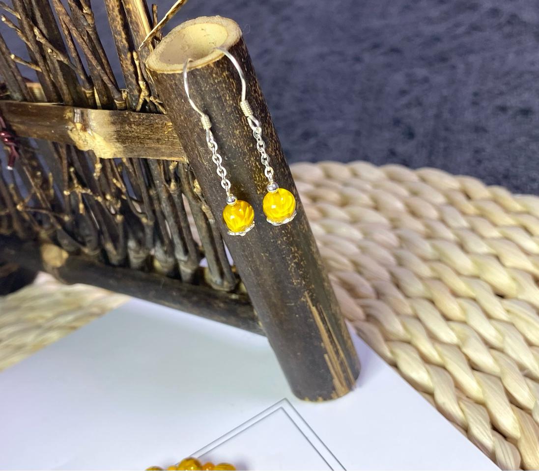 천연 호박원석 엠버 연꽃조각 실버귀걸이 선물