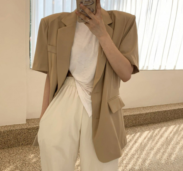 여성 베이직 심플 카라넥 루즈핏 여름 반팔 자켓 아우터