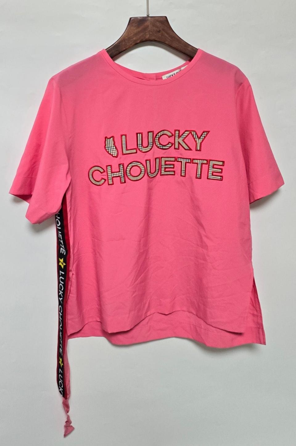 럭키슈에뜨 여성 체크 로고 자수 블라우스 36/핑크