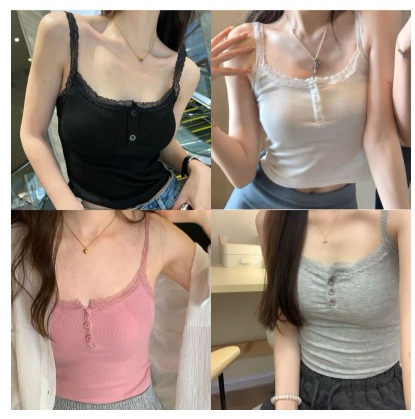 레이스 단추 민소매티셔츠