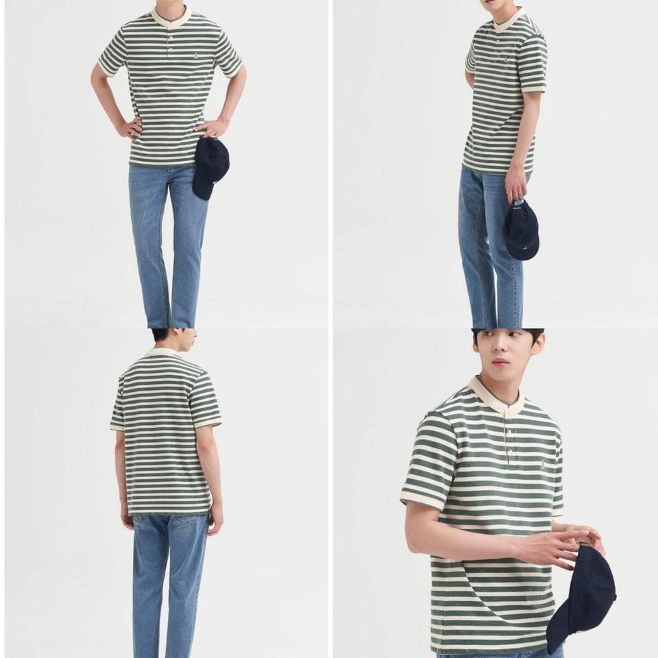 빈폴 그린 스트라이프 헨리텍 티셔츠 남성 S