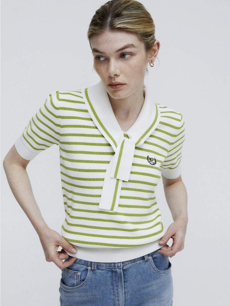 마리끌레르 타이 세일러 반팔 니트 스트라이프