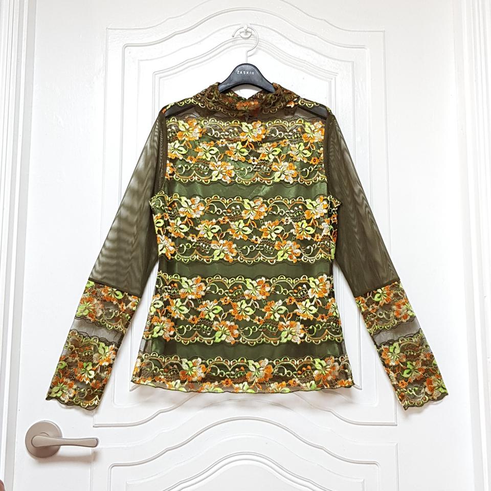 시스막스 시스루 자수 레이스 긴팔 블라우스 카키 66 시니어 중장년