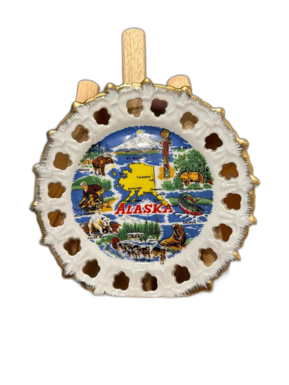 미국 알래스카 벽걸이 여행 접시 백자 골드라인 투각
