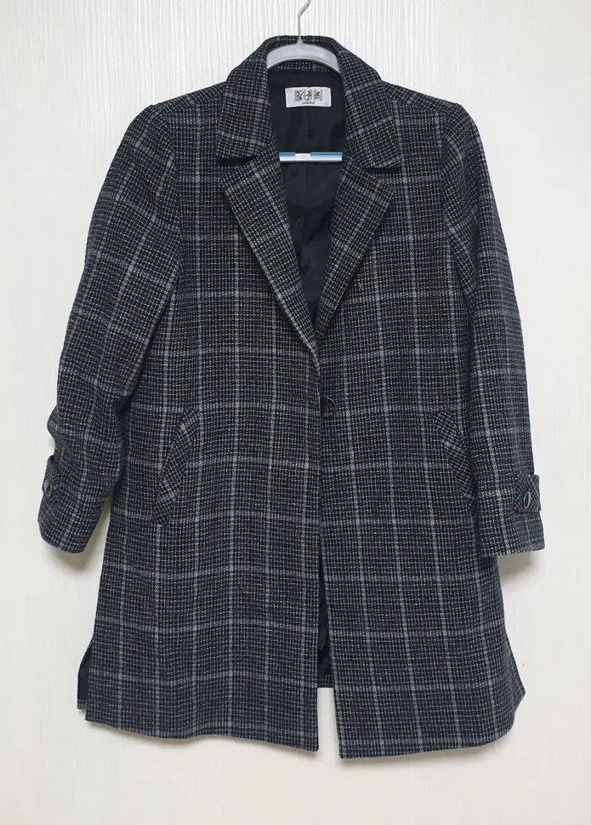 여성 체크울 모직 코트 - L