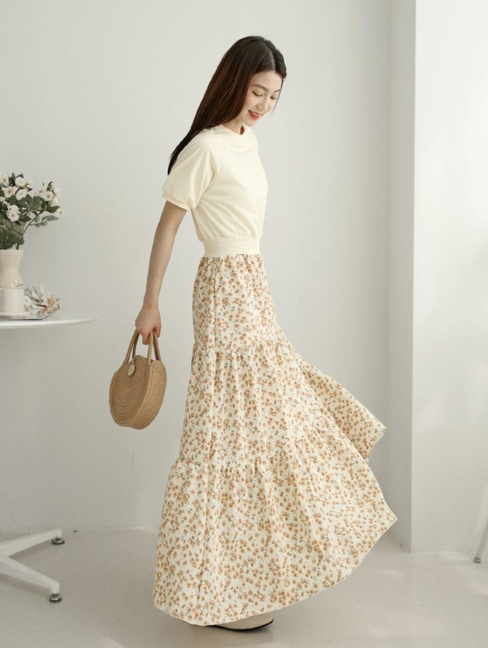 [ 익일출고/Sale ] '애쉬블루 플라워꽃무늬 스판 프릴캉캉' 롱원피스