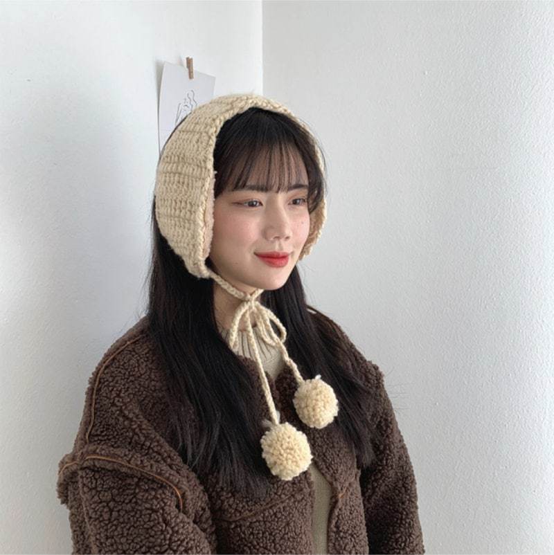 새상품) 울니트 뜨개 양털 방울 귀도리 귀마개 베이지 핸드메이드 폼폼
