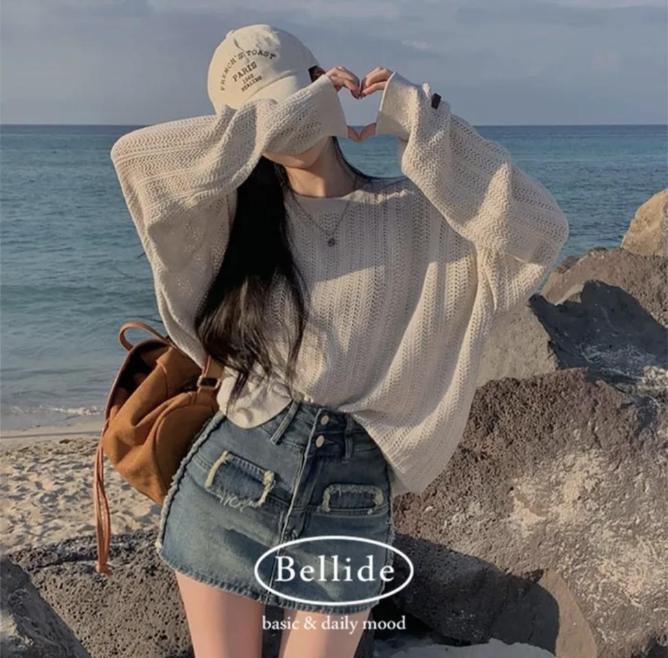 made 벨리드 카라멜 루즈핏 롱 라운드 니트. 남녀공용 니트. 크림색