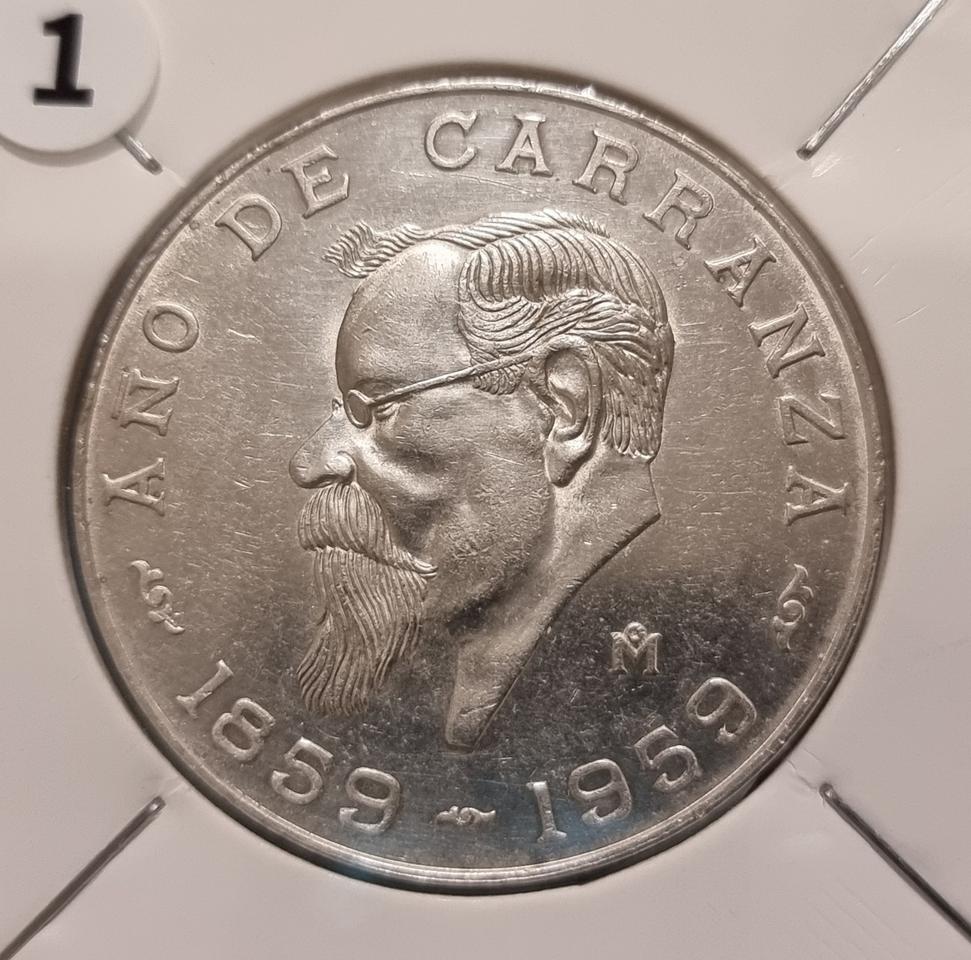 Z0027 희귀 미사용급 1959년 멕시코 베누스티아노 카란사 대통령은화