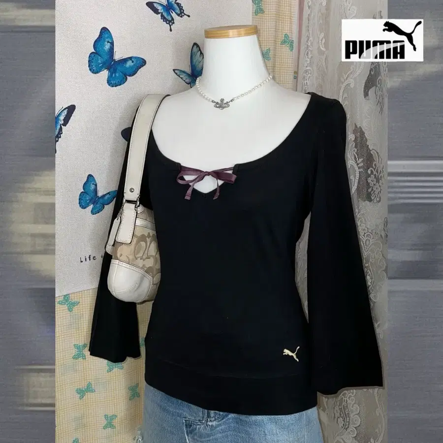 푸마 블랙 유넥 리본 티셔츠