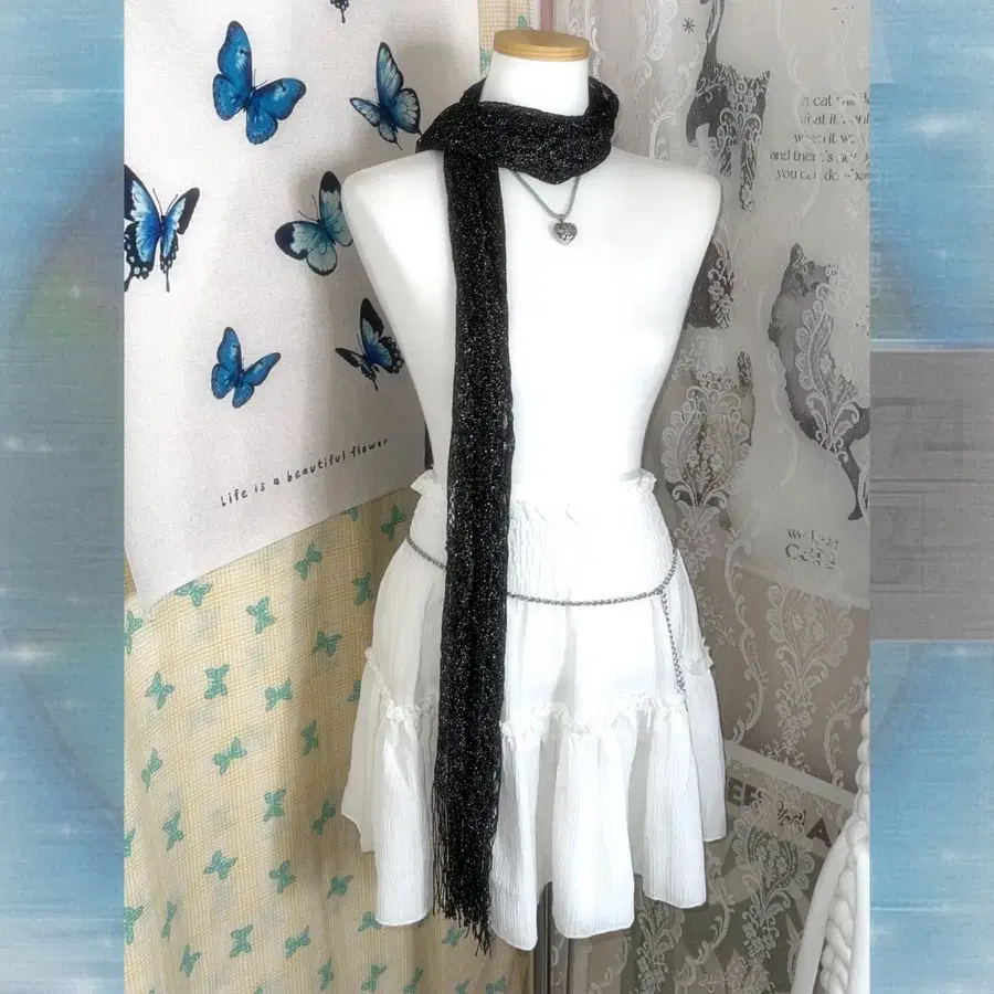 블랙 글리터 크로쉐 머플러 스카프