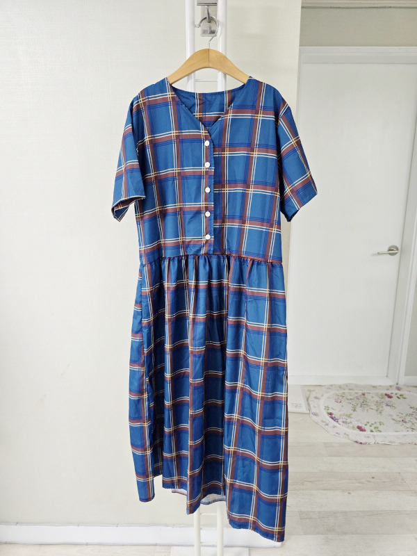 미사용 블루 체크 원피스  F