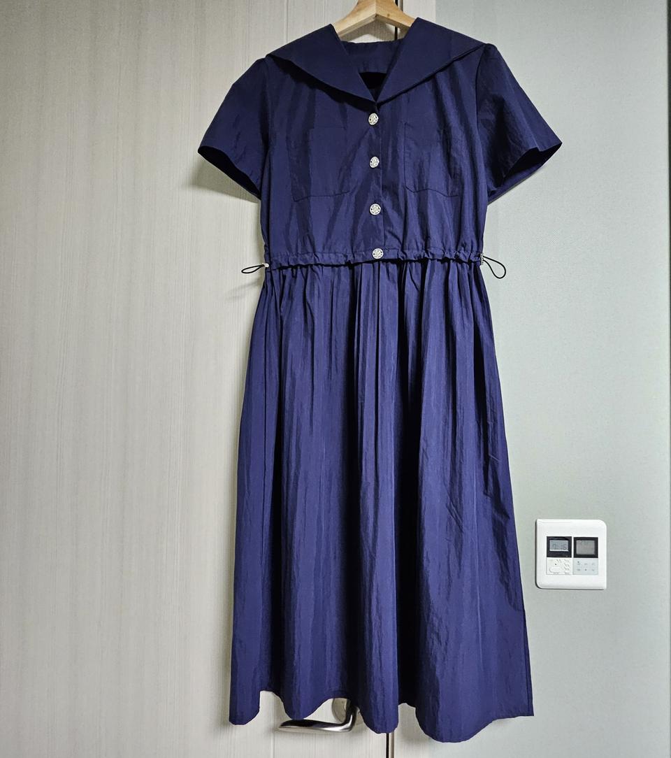 네이비 사각사각 세일러카라 플리츠 롱원피스
