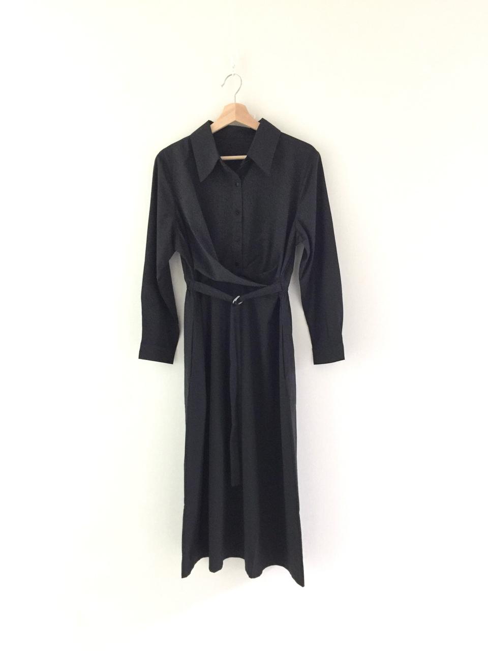 (새) 블랙 허리고리 벨트 카라 롱 원피스