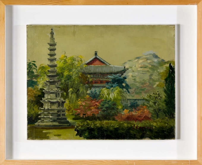 박각순화백- 경복궁 향원정 풍경(10호)/작품보증서