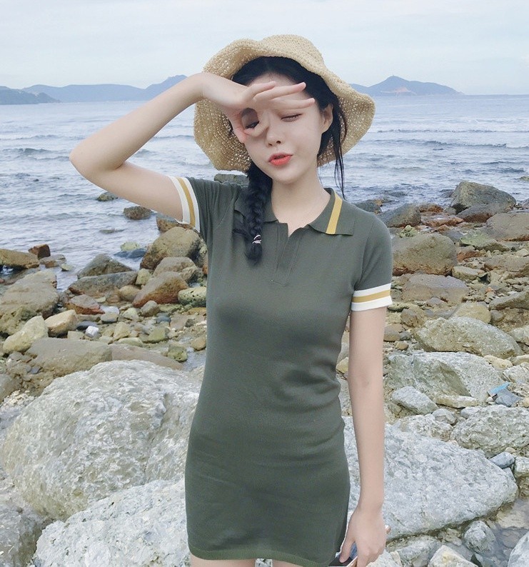 배색 반소매 슬림원피스