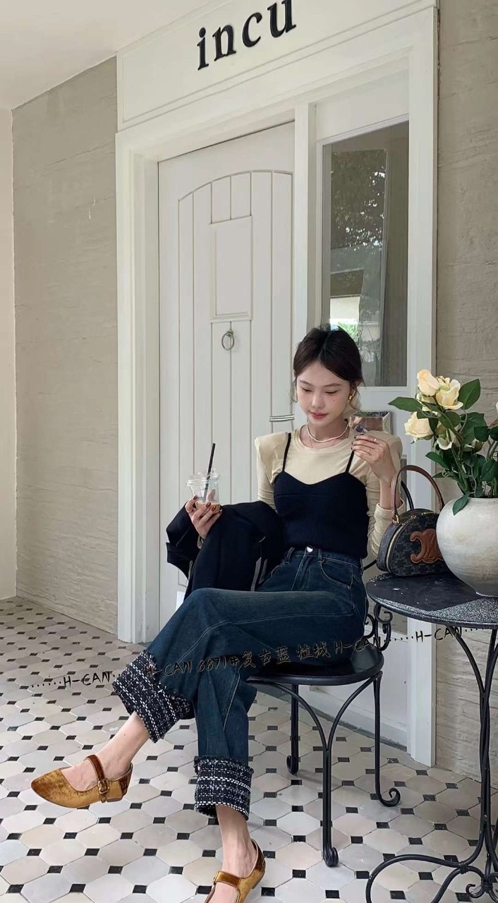 새상품 트위드 청바지 얇은 기모 데님 일자 와이드 팬츠 롤업 바지