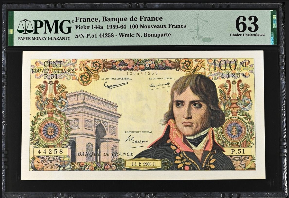 프랑스 귀한 1960년 발행 나폴레옹 황제 지폐 100프랑 PMG 63