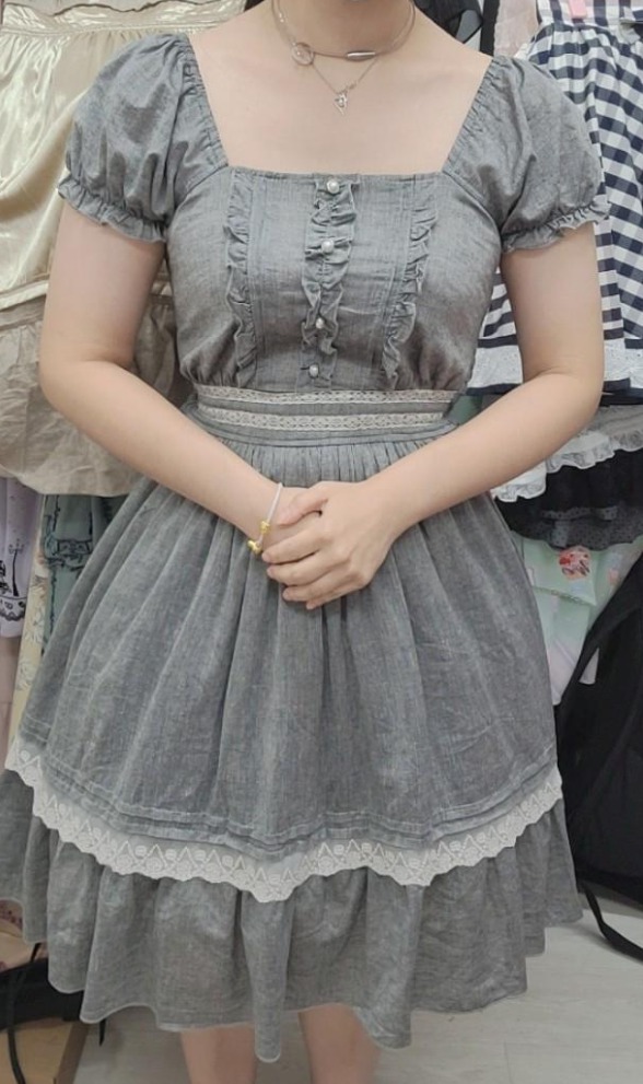 코튼 레이스 프릴 플레어 퍼프 단추 반팔 원피스 드레스 홀복