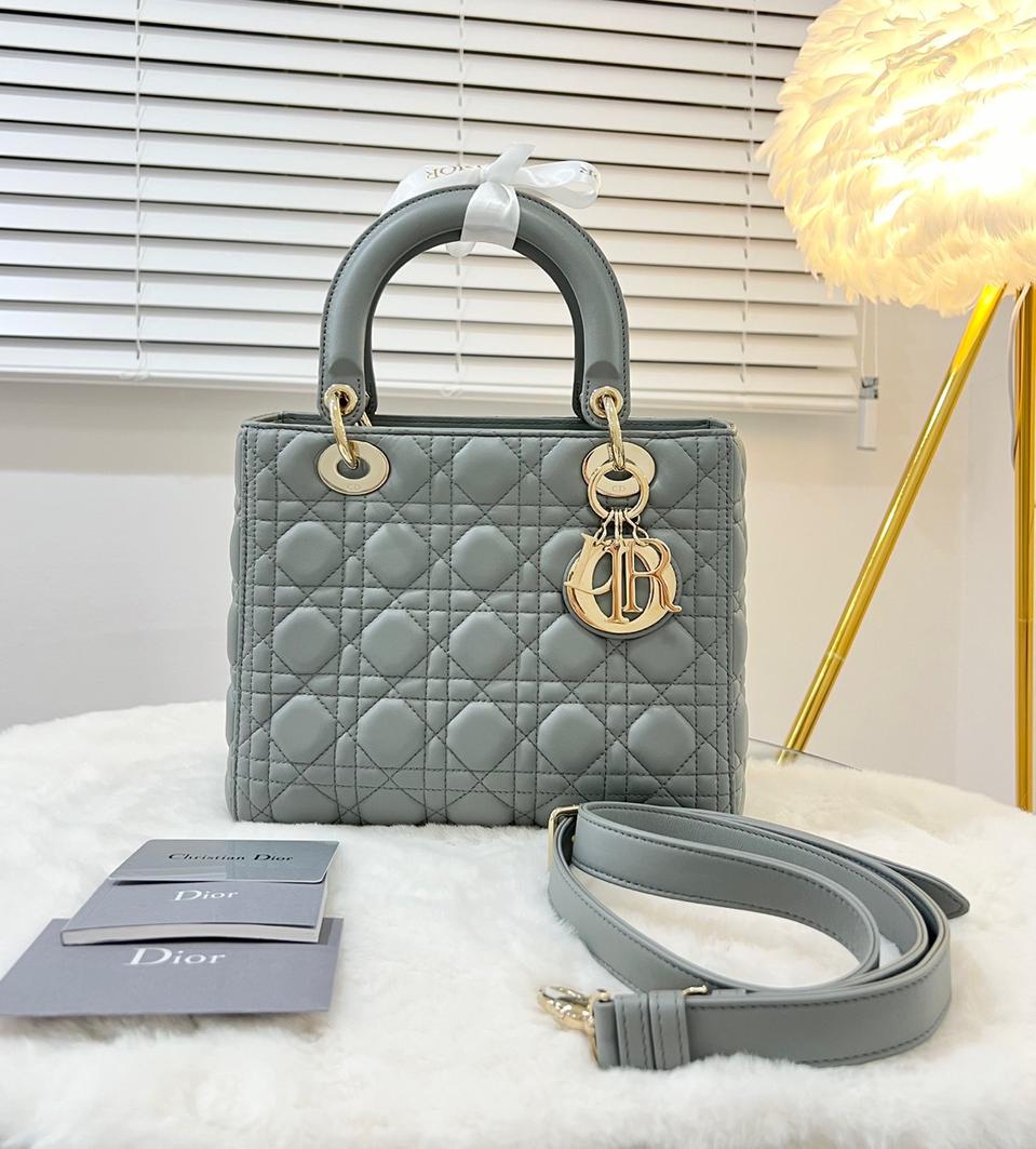 디올 레이디백 미디움 스톤 그레이 까나쥬 램스킨 M0565ONGE