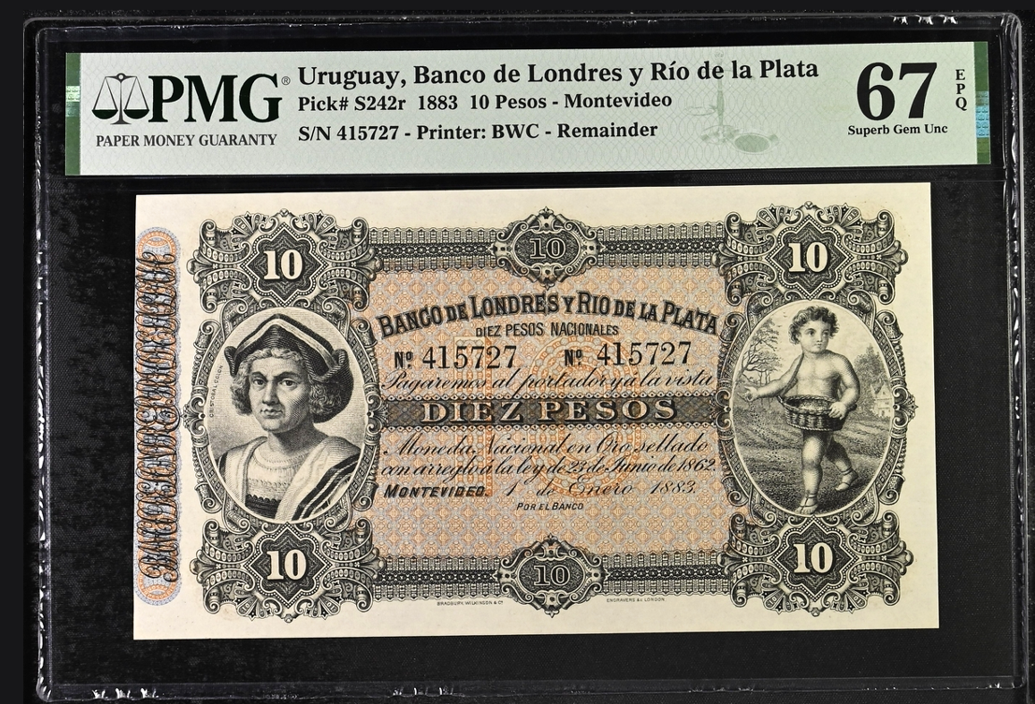 우르과이 1883년 발행 10페소 PMG 67 최고등급 지폐
