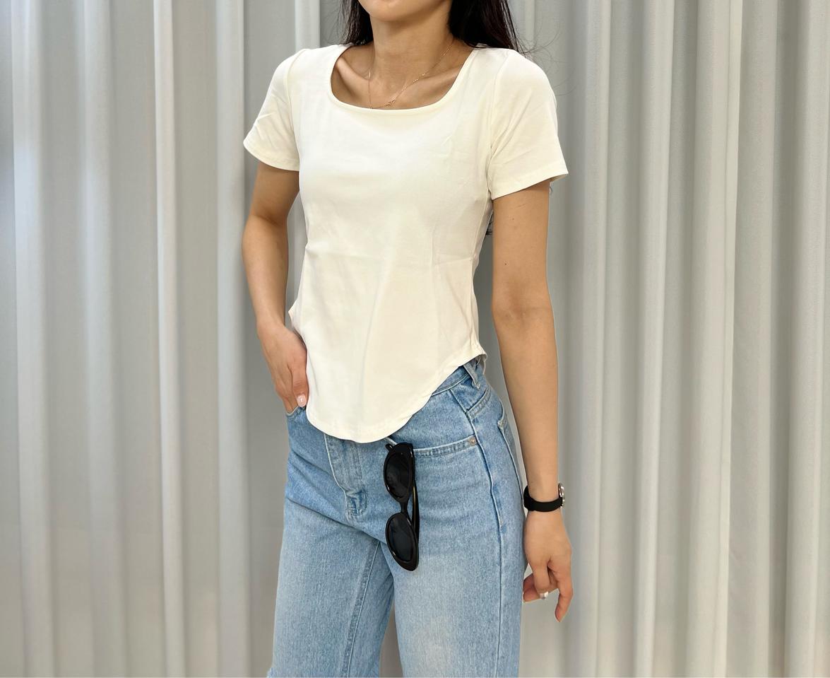 졸리드레스 스퀘어넥 언발란스 반팔 티셔츠 U 크롭 기본 무지