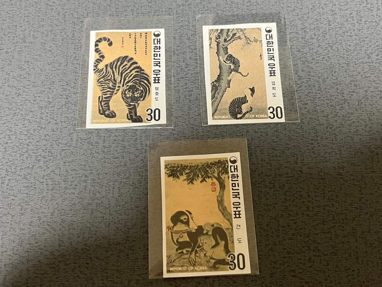 명화우표 3종 무공우표 미사용제 일괄 싸게판매합니다.