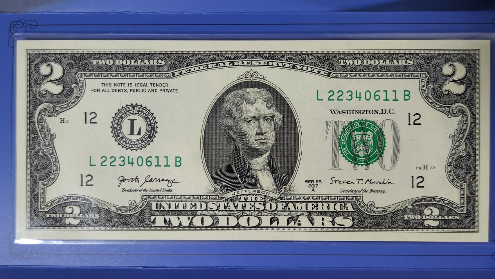 [1SET] 미국 2017년 2달러, 지폐첩 (현행권 관봉해체분 2달러)