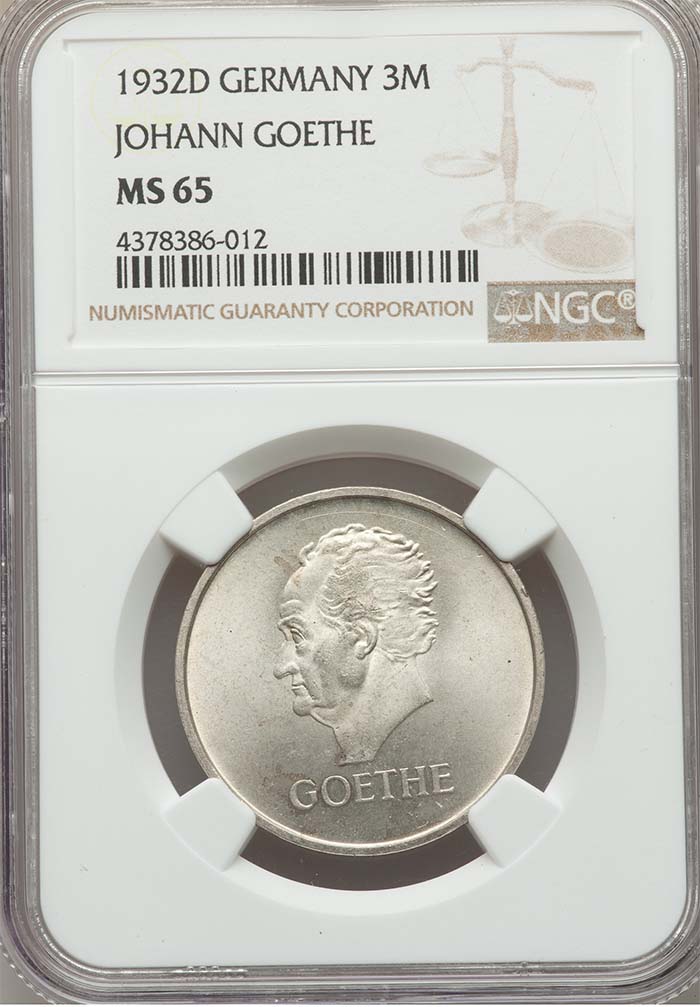 독일 1932년 발행 3 마르크 괴테 은화 NGC MS 65