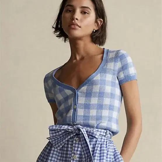 [새 상품] 폴로 깅엄 체크 반팔 가디건 M