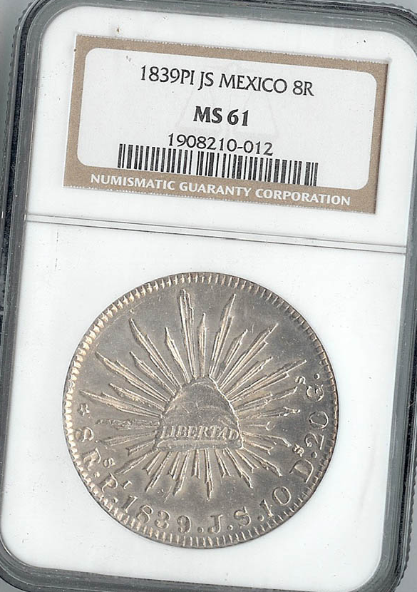 멕시코 1839년 발행 8 Reales 최고등급은화 NGC MS 61