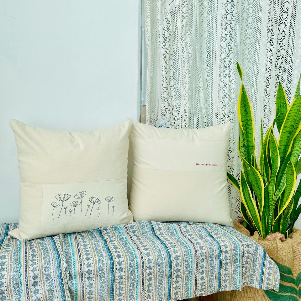 핸드메이드 광목 자수 쿠션커버